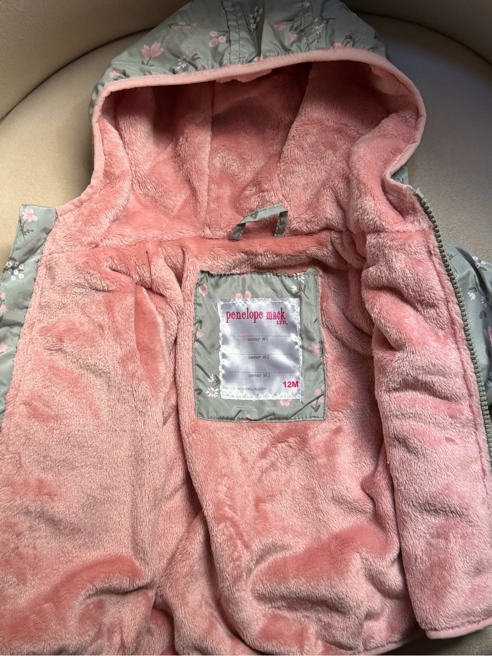 12-18m Penelope Mack Floral Bow Hooded Winter Jacket -  Pink & Green - Baby Girl - Picture 3 of 6